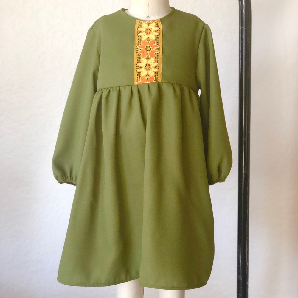 Olive Green Dress with Vintage Yellow Floral Trim